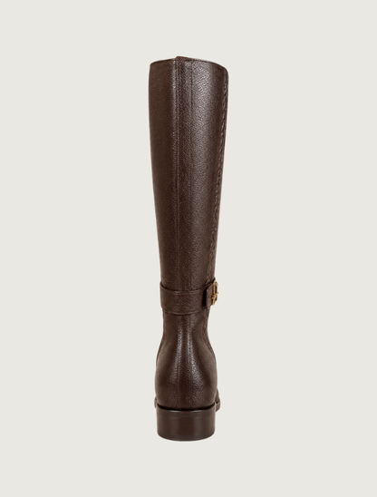 Cuadra brown riding boot, back view, showing the embossed panel and low stacked heel