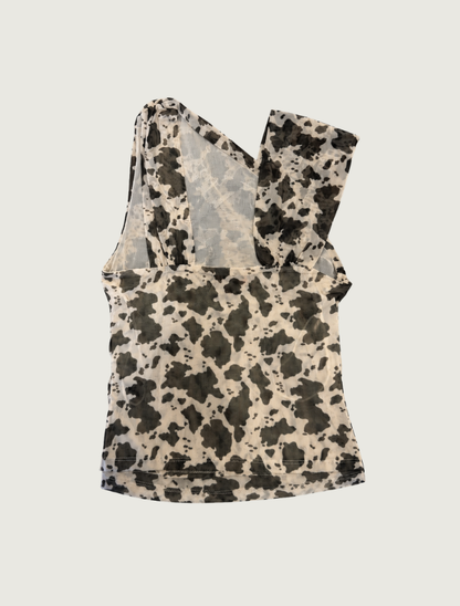 Back view of the asymmetrical one-shoulder cowhide-print mesh tank, off model