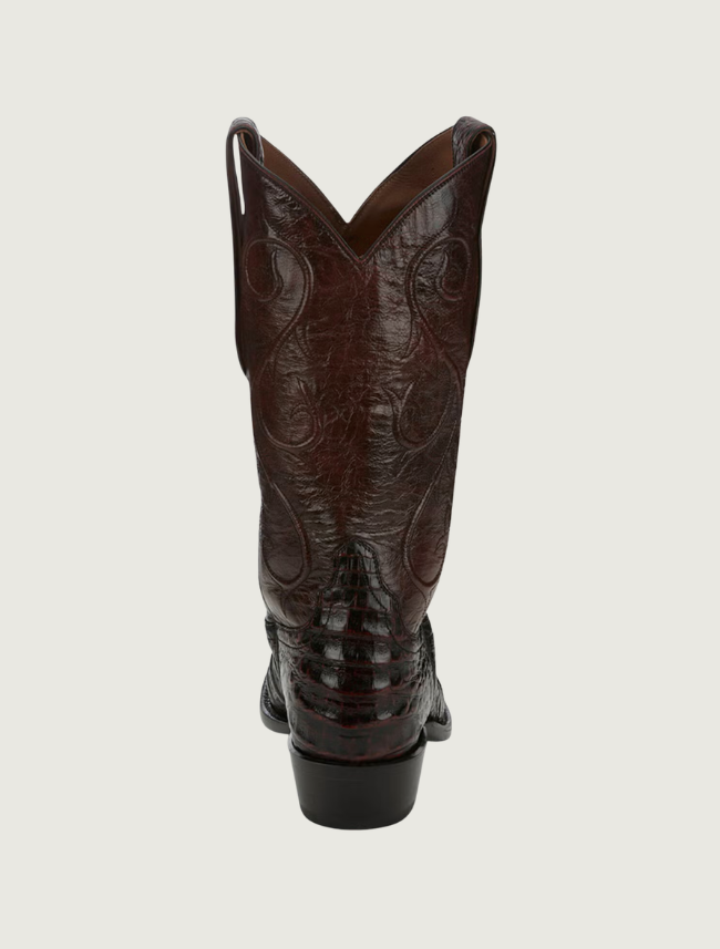 Tony Lama Vicente black cherry caiman cowboy boot — back view