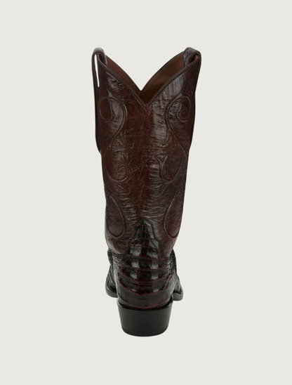 Tony Lama Vicente black cherry caiman cowboy boot — back view