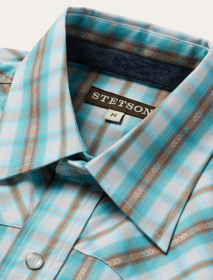 Stetson Men's Turquoise Plaid Short-Sleeve Western Shirt