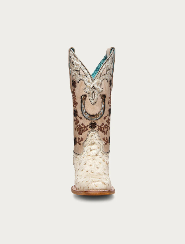 Corral Women's Floral & Horseshoe Embroidery Cowhide & Ostrich Cowboy Boot