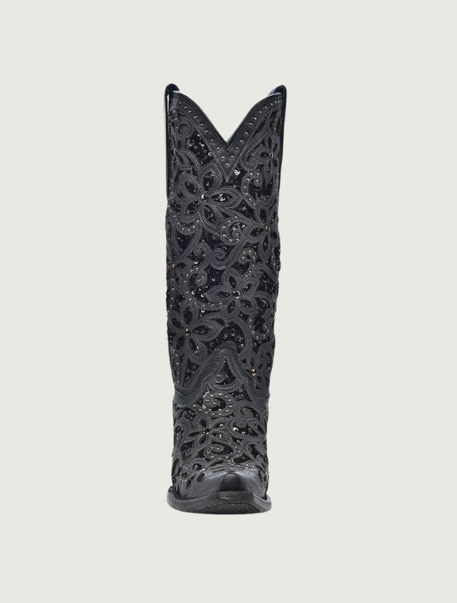 Corral Black Glitter Floral Inlay Cowgirl Boots with Crystals & Studs