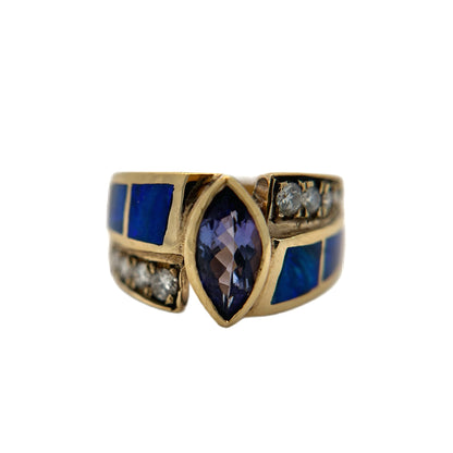 14K Yellow Gold Tanzanite, Opal, & Diamond Ring