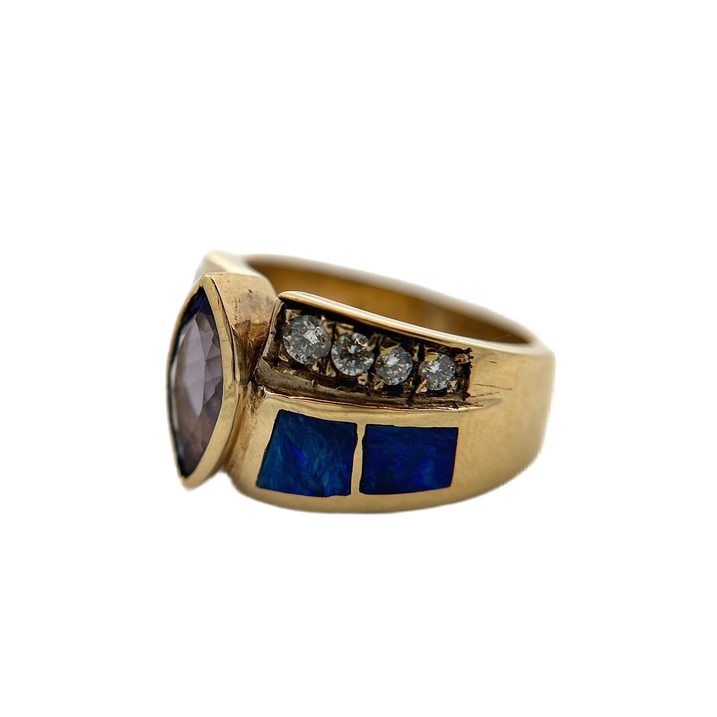 14K Yellow Gold Tanzanite, Opal, & Diamond Ring