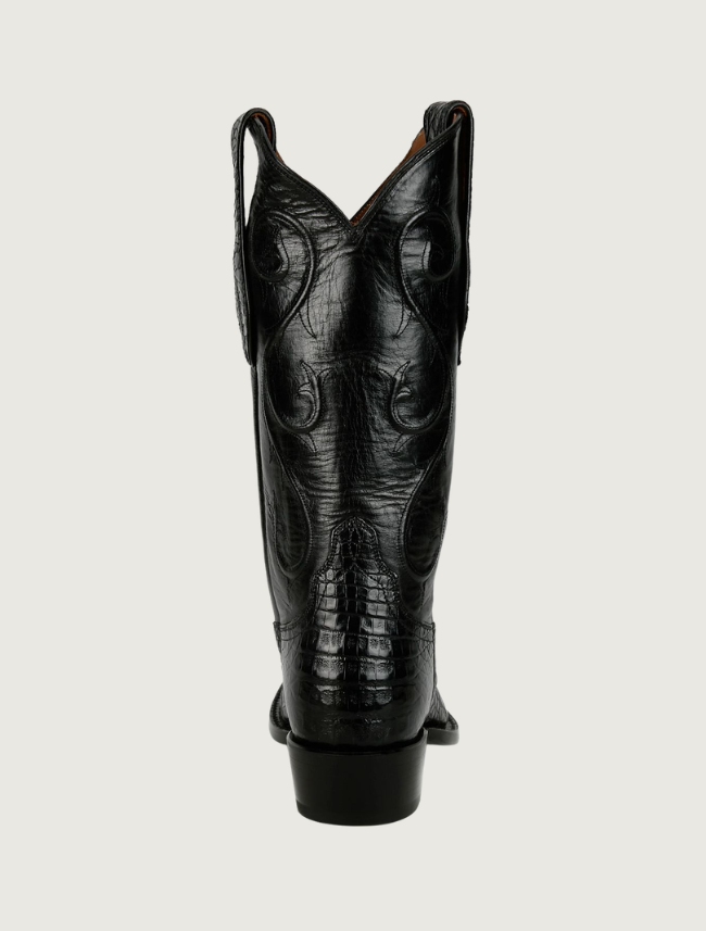 Tony Lama Agustin black caiman cowboy boot — back view