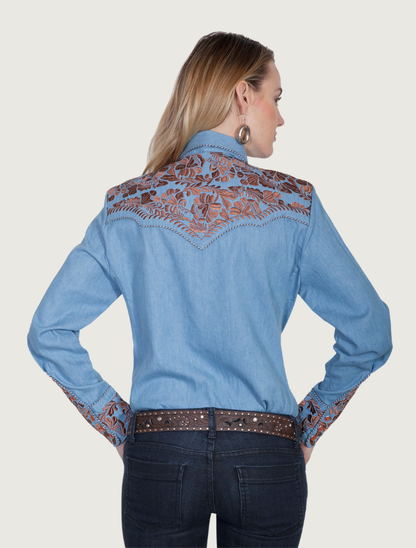 Scully blue floral embroidered snap front shirt on model — back view