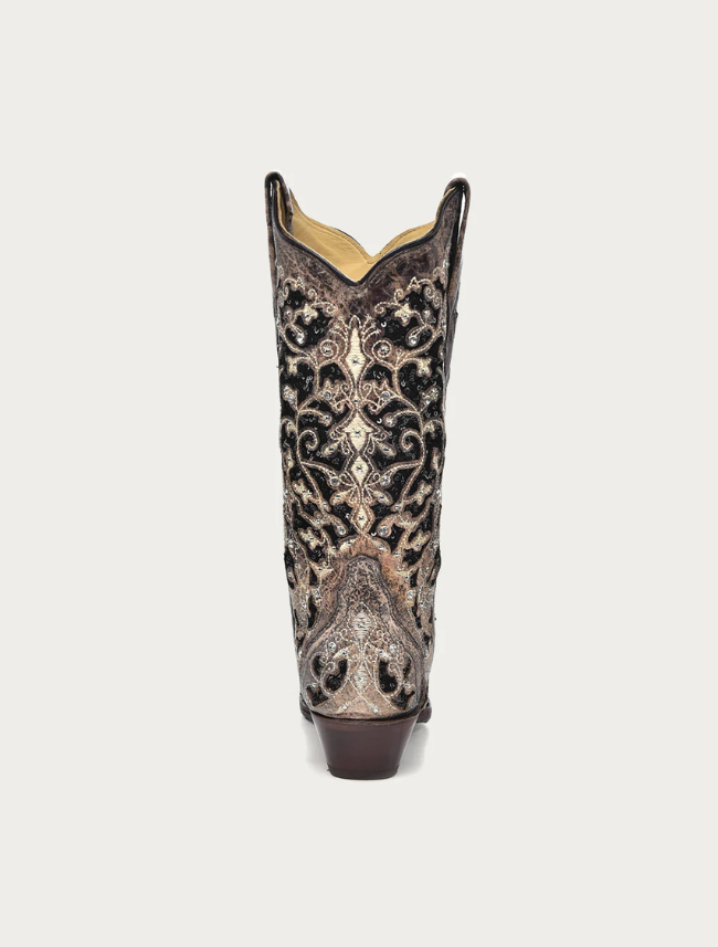Corral Women's Brown Cowboy Boots with Black Glitter Inlay & Crystals