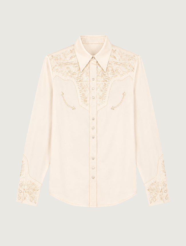 Scully floral embroidered snap front shirt in ivory — front view
