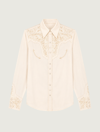 Scully floral embroidered snap front shirt in ivory — front view