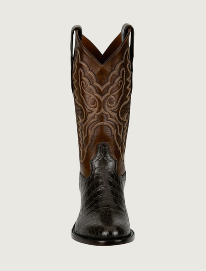 Tony Lama Cas chocolate crocodile cowboy boot — back view