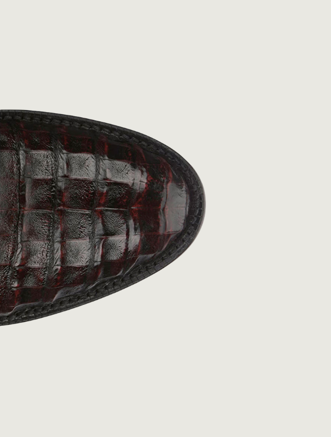 Tony Lama Vicente black cherry caiman cowboy boot — toe detail, top down
