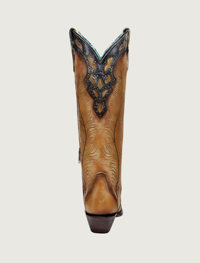 Corral Yellow Feathers Crackled Overlay Tall Top Cowgirl Boots