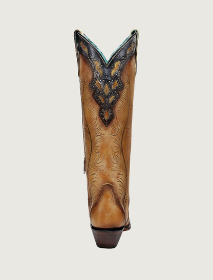 Corral Yellow Feathers Crackled Overlay Tall Top Cowgirl Boots