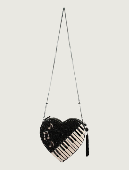 Title: Mary Frances Heart Beat Piano Heart Crossbody Handbag