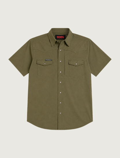 Rock & Roll Denim men's Nylon TEK solid core short sleeve shirt in olive, front view