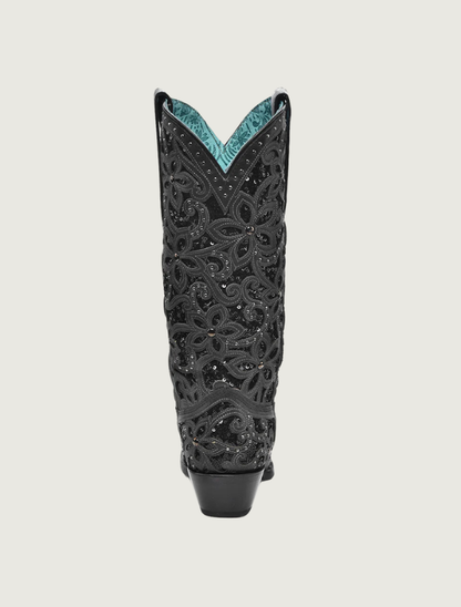 Corral Black Glitter Floral Inlay Cowgirl Boots with Crystals & Studs