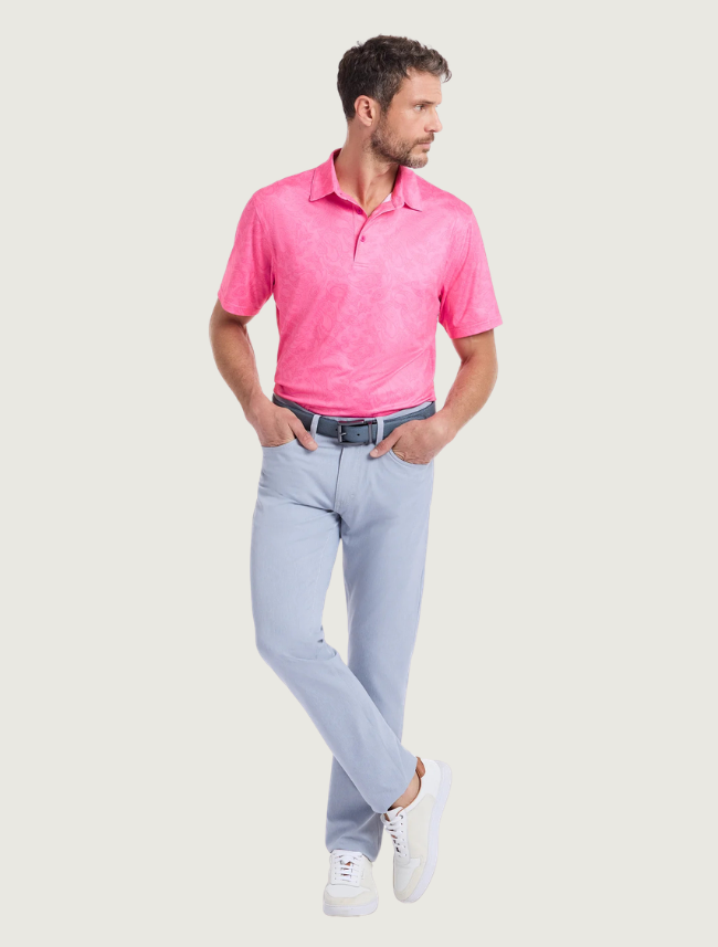 Robert Graham Orsett polo on model — full body front view with white pants