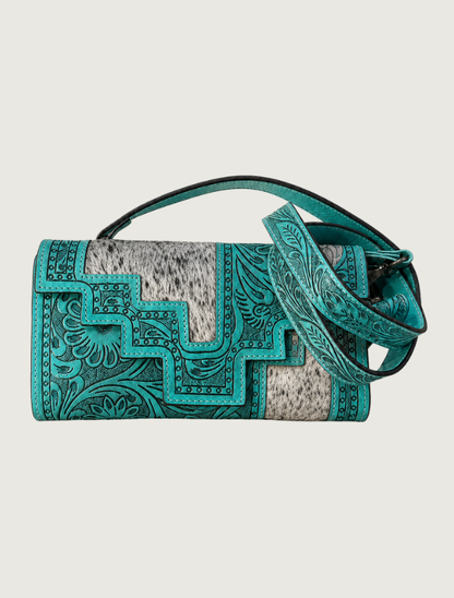 Turquoise tooled leather and cowhide crossbody bag, strap coiled