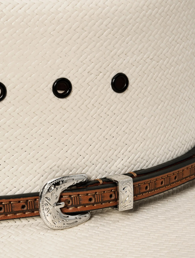 Stetson Wakefield tooled leather hatband with silver buckle set — detail view