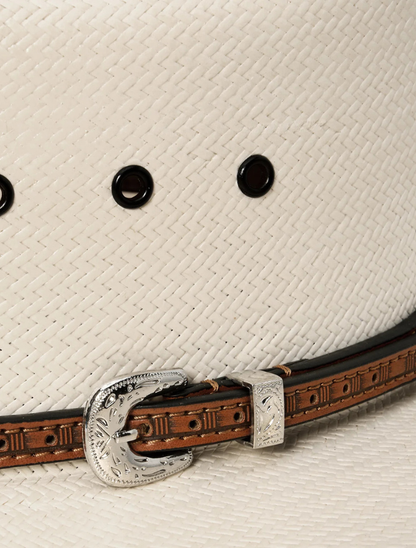 Stetson Wakefield tooled leather hatband with silver buckle set — detail view