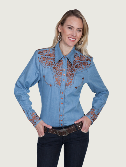 Scully blue floral embroidered snap front shirt on model — front view