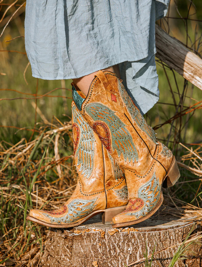 Corral Heart & Cross Overlay Worn Finish Cowgirl Boots