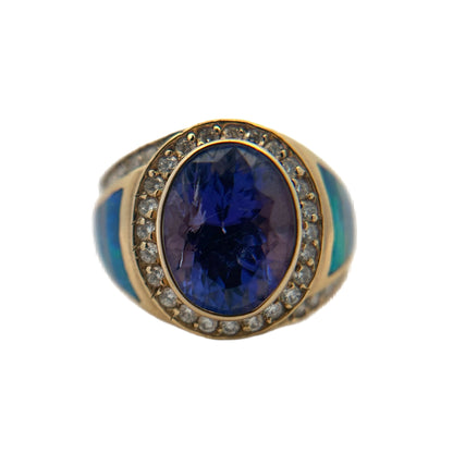 14K Yellow Gold Tanzanite, Opal, & Diamond Ring