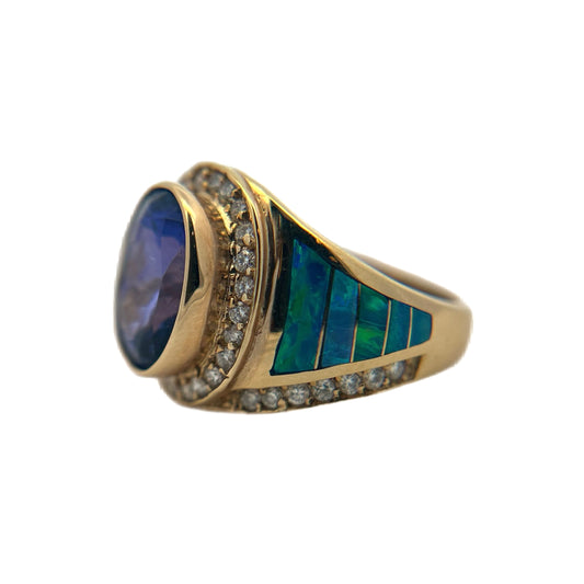 14K Yellow Gold Tanzanite, Opal, & Diamond Ring