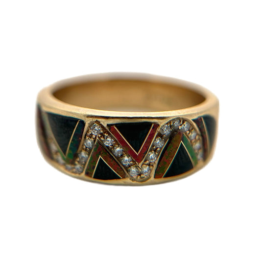 14K Yellow Gold Diamond, Black Jade, & Fire Opal Ring