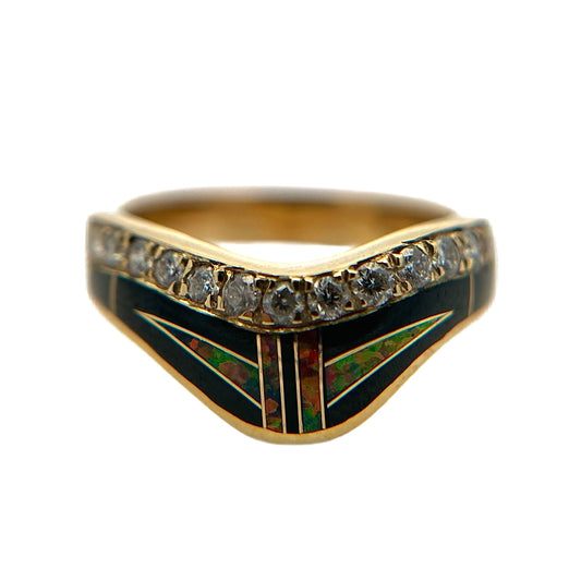 14K Yellow Gold Diamond, Black Jade, & Fire Opal Ring