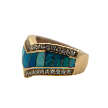 14K Yellow Gold Chevron Opal & Diamond Ring