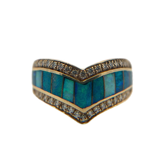 14K Yellow Gold Chevron Opal & Diamond Ring