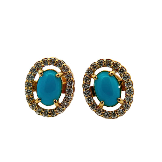 18K Yellow Gold Turquoise & Diamond Halo Studs