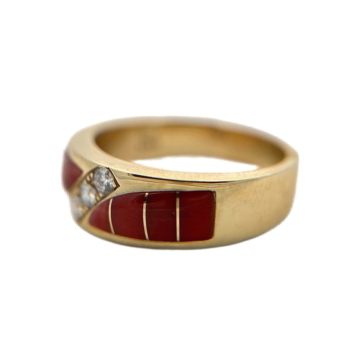 14K Yellow Gold Red Coral & Diamond Ring