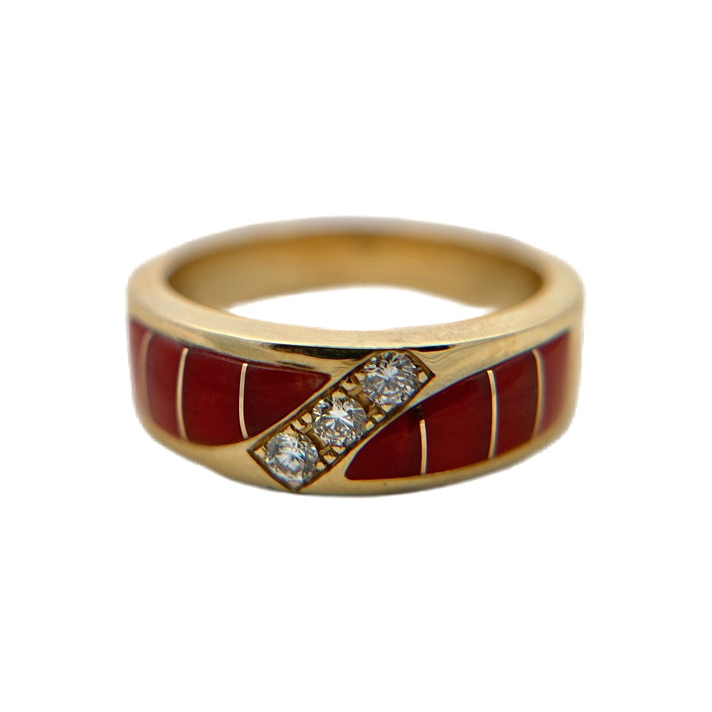 14K Yellow Gold Red Coral & Diamond Ring