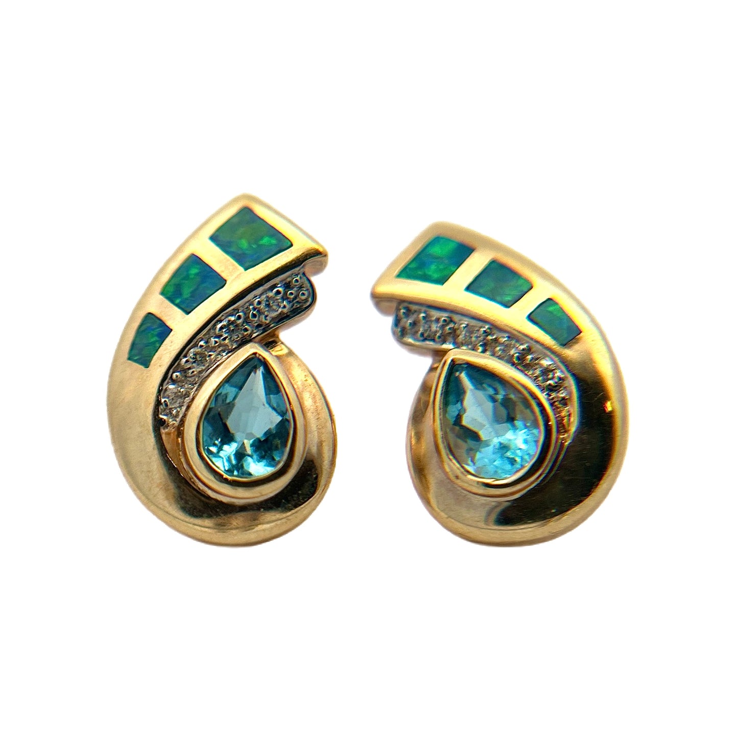 14K Yellow Gold Blue Topaz, Opal, & Diamond Earrings