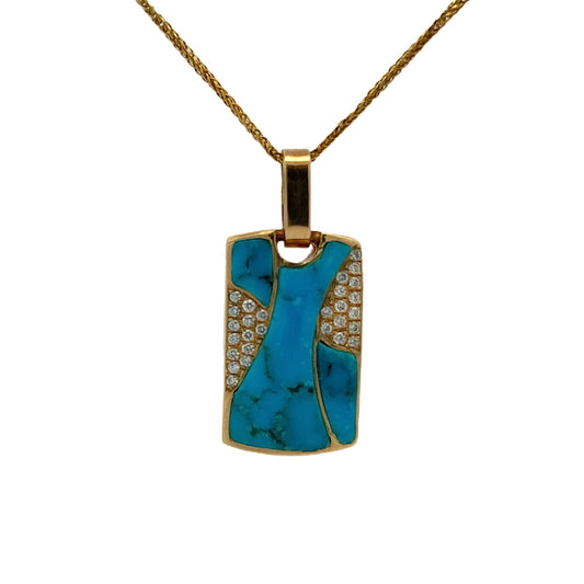 14K Yellow Gold Turquoise Inlay & Diamond Pendant