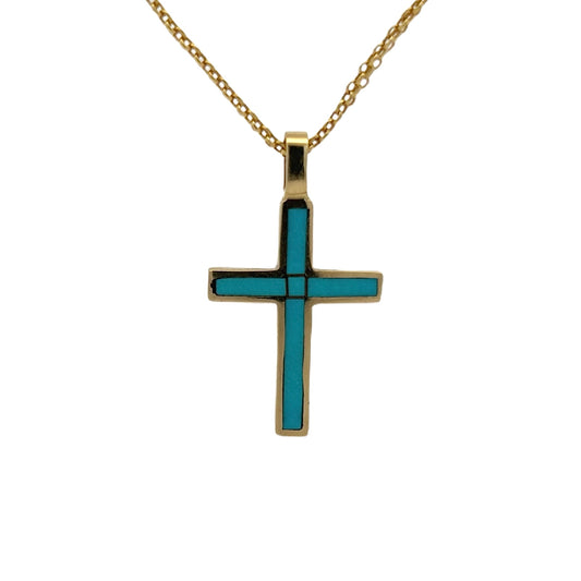 14K Yellow Gold Turquoise Cross Pendant