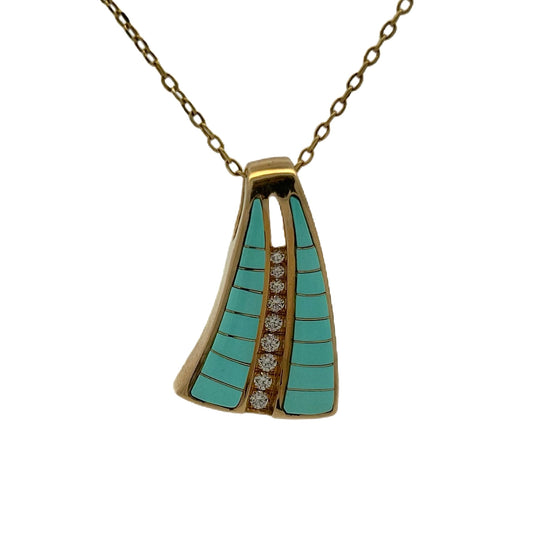 14K Yellow Gold Turquoise & Diamond Pendant