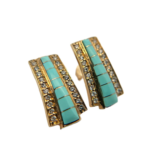 14K Yellow Gold Turquoise & Diamond Earrings