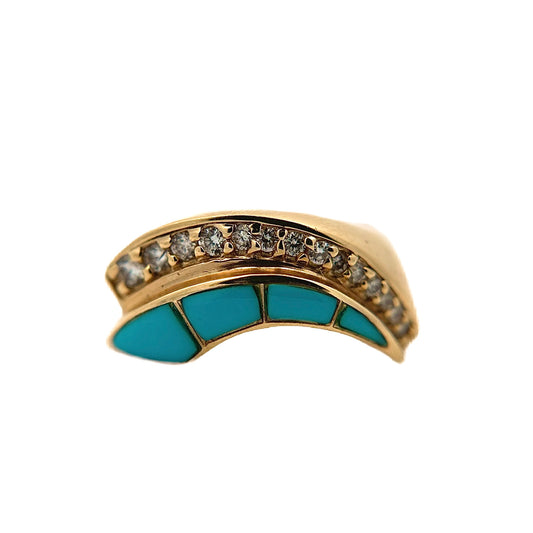 14K Yellow Gold Turquoise Inlay & Diamond Ring