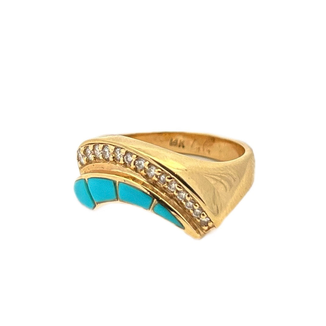 14K Yellow Gold Turquoise Inlay & Diamond Ring