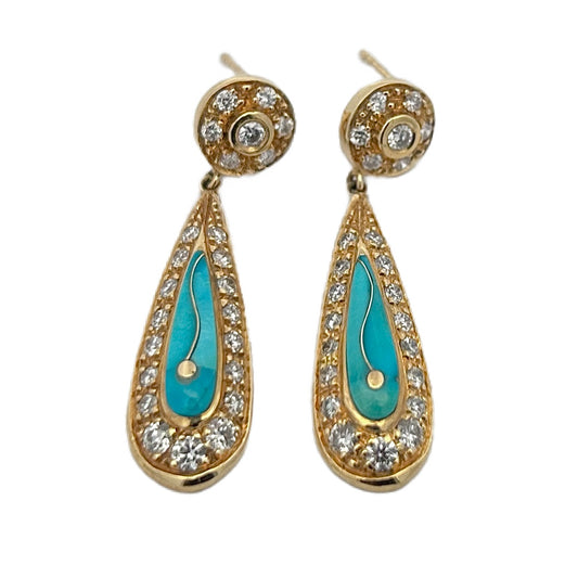 14K Yellow Gold Turquoise & Diamond Earrings