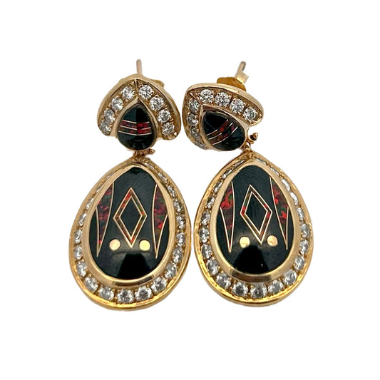 14K Yellow Gold Diamond, Black Jade, & Fire Opal Earrings