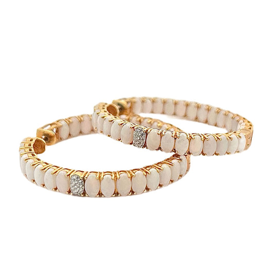 18K Yellow Gold White Opal & Diamond Hoops