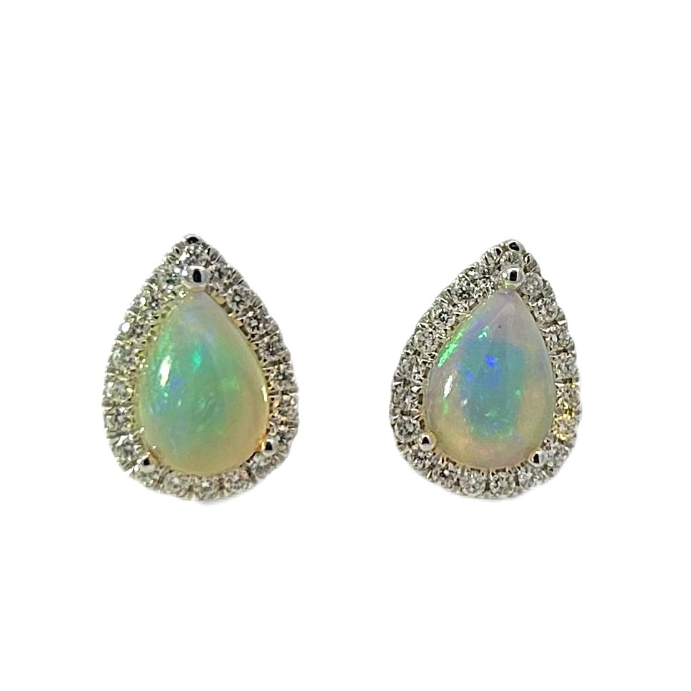 14K White Gold Opal & Diamond Pear Earrings