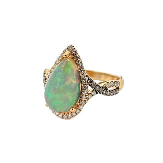 14K Yellow Gold Opal & Diamond Teardrop Ring