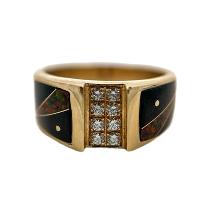 14K Yellow Gold Diamond, Black Jade, & Fire Opal Ring