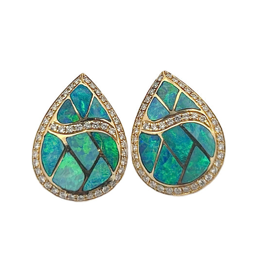 14K Yellow Gold Opal & Diamond Earrings